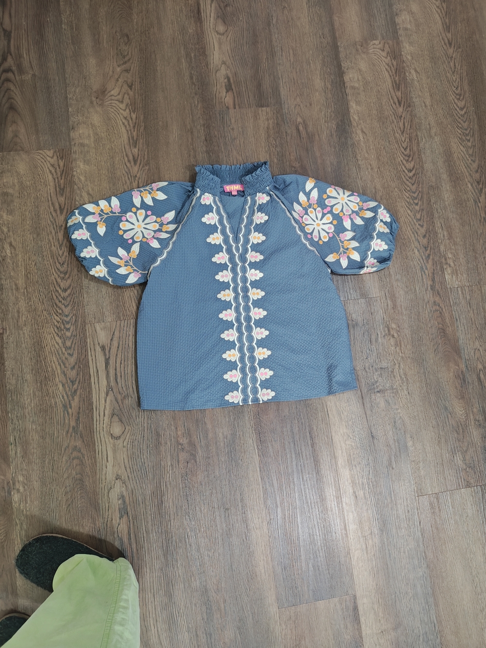 Blue Embroidered Puff-Sleeve Top - Picture 3 of 12